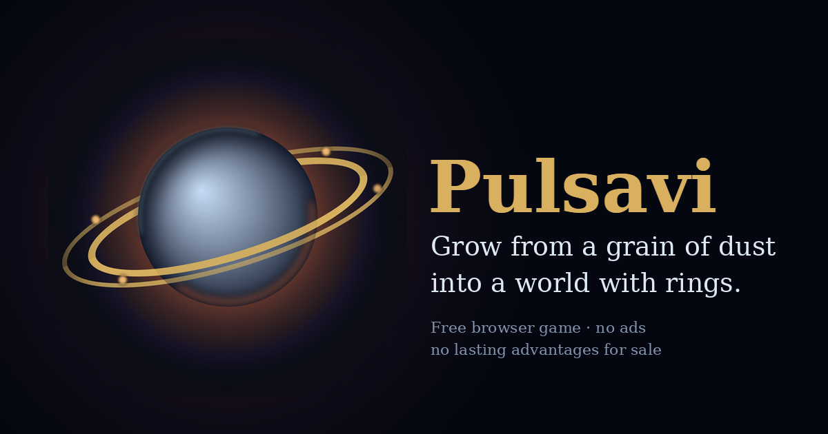 A ringed planet glowing against deep space, the Pulsavi title screen